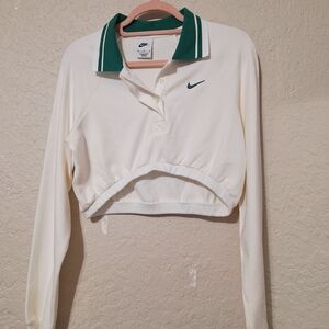 Nike Women's Cream and Green Cropped Polo Top